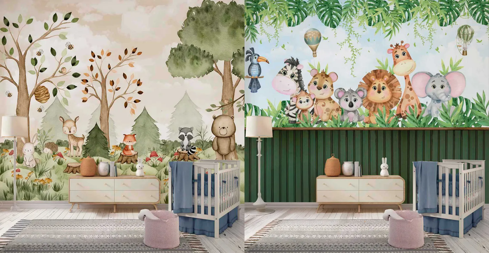 Murais infantis personalizados com temas de floresta e safári