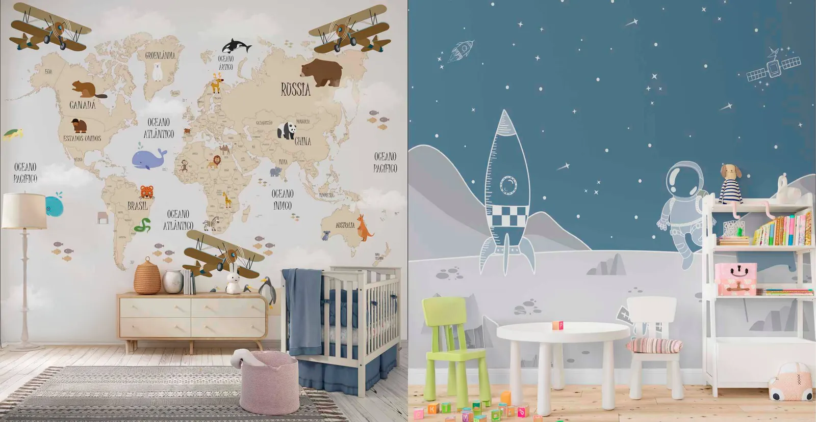 Murais personalizados de mapa-múndi e espaço sideral